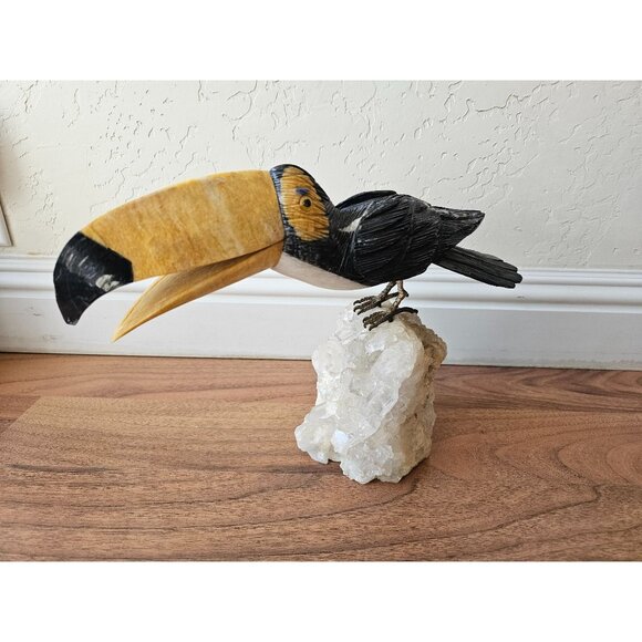 Hand Carved Toucan Bird Sculpture Sitting On Raw Crystal